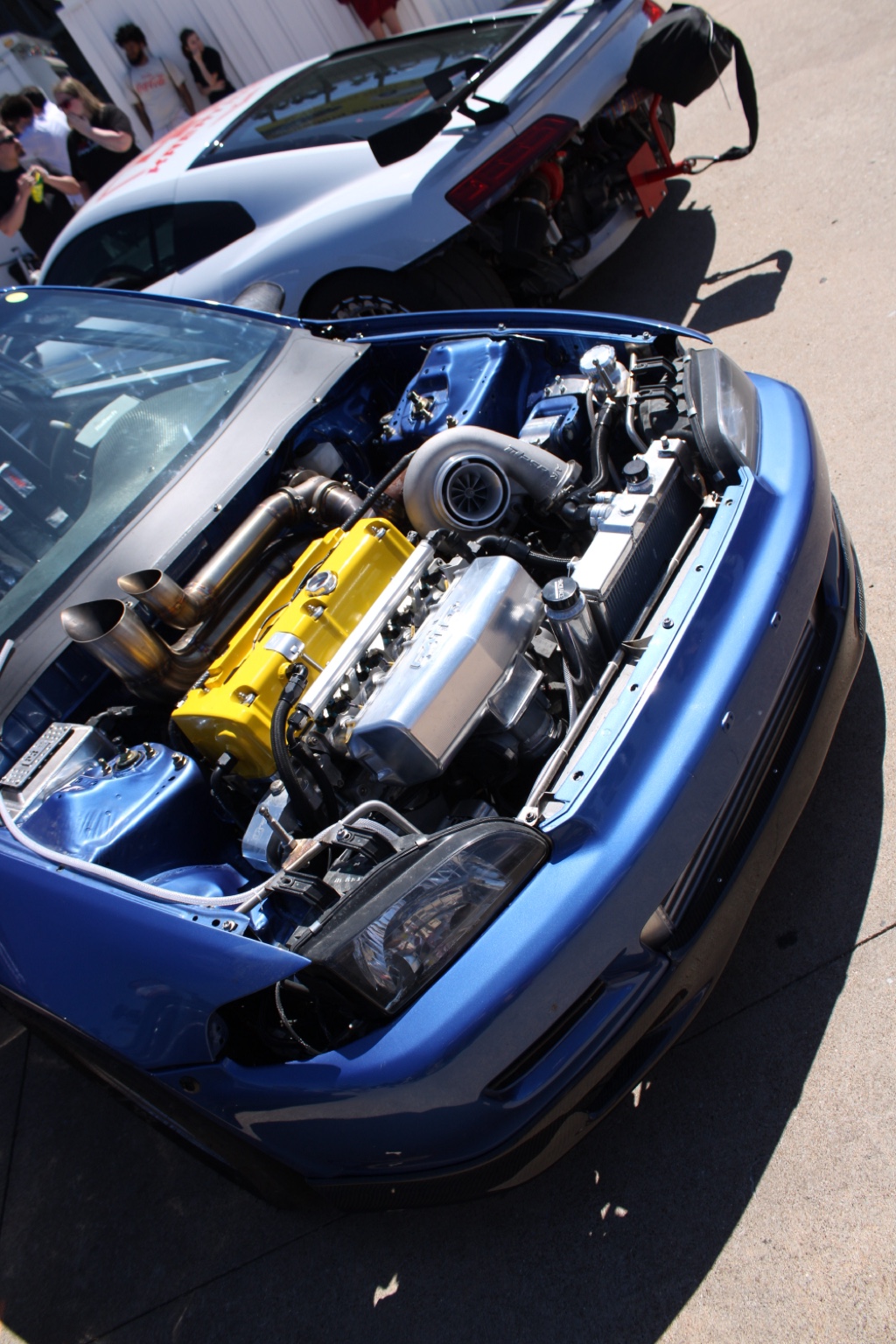 Blue modified car engine bay detail